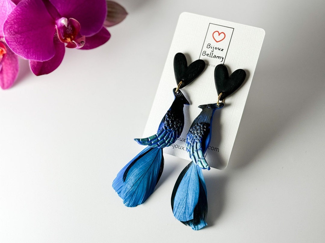 Blue Jay Earrings With Feather Blue Bird Earrings Jay Etsy