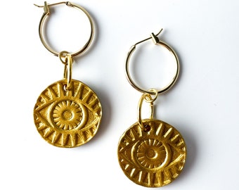 Gold Coin Earrings, Coin Earrings, Hook Coin Earrings, Coin Eye Earrings, Evil Eye Earrings, Lightweight Earrings