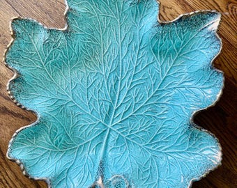 Vintage California Pottery Maple Leaf Platter Set in Turquoise and Gold 719