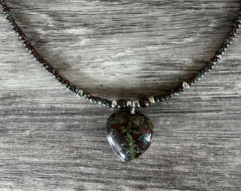 Dragon Blood Jasper heart shaped stone pendant seed bead chain necklace