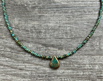 Gold edged turquoise and African turquoise seed bead necklace
