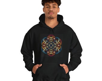 Sacred Geometry Sweatshirt Mens, Spiritual Sweatshirt, Black Hoodie Unisex Heavy Blend™ Hooded Top, Cosmic Gift, Gift Men, Yoga Sweatshirt