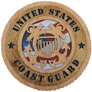 11.3 inch Coast Guard with Cloth Flag Baltic Birch Wall Plaque