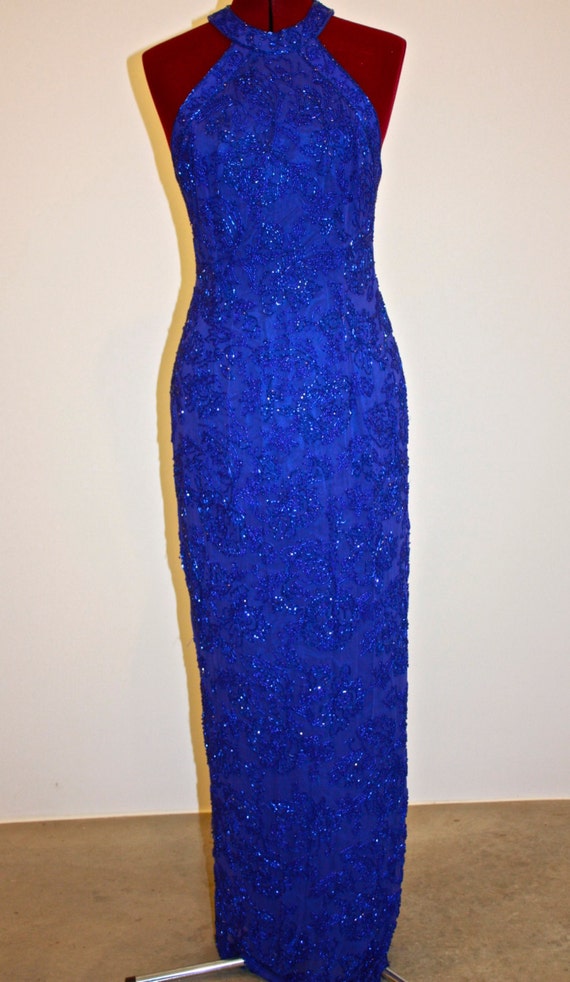 Stunning Oleg Cassini Cobalt Blue Beaded Gown