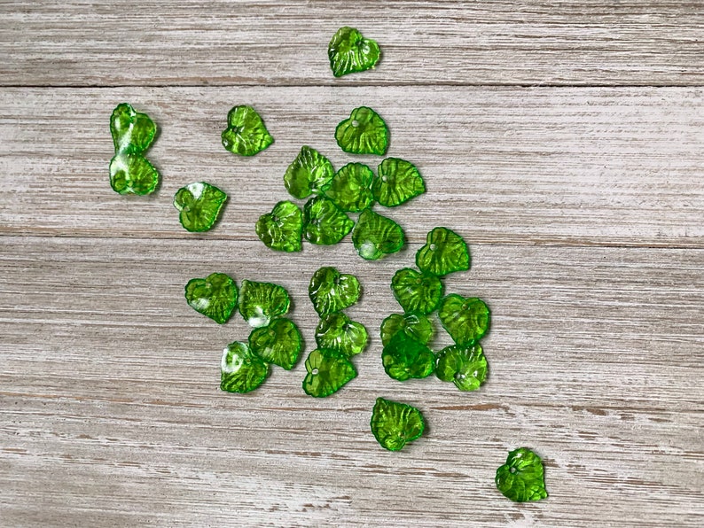 10 Green Plastic Leaves, Czech Plastic Leaves Beads, 15x16 mm Plastic Leaf Beads, Frosted Acrylic Transparent Green Beads, Leaf Charm Supply image 4