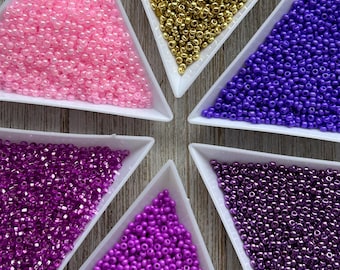 Glass Seed Beads Set, Pink, Purple & Gold Shades Beads, Czech Preciosa Seed Beads, Beading Supplies, Craft Gift for Her