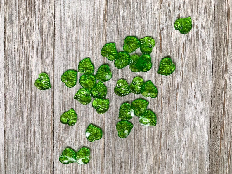 10 Green Plastic Leaves, Czech Plastic Leaves Beads, 15x16 mm Plastic Leaf Beads, Frosted Acrylic Transparent Green Beads, Leaf Charm Supply image 9