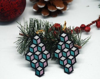 Statement Geometric Earrings, Beadwork Earrings, Dangle Long Earrings, Black & Pink Earrings, Gift-for-Her, Gift for Girlfriend