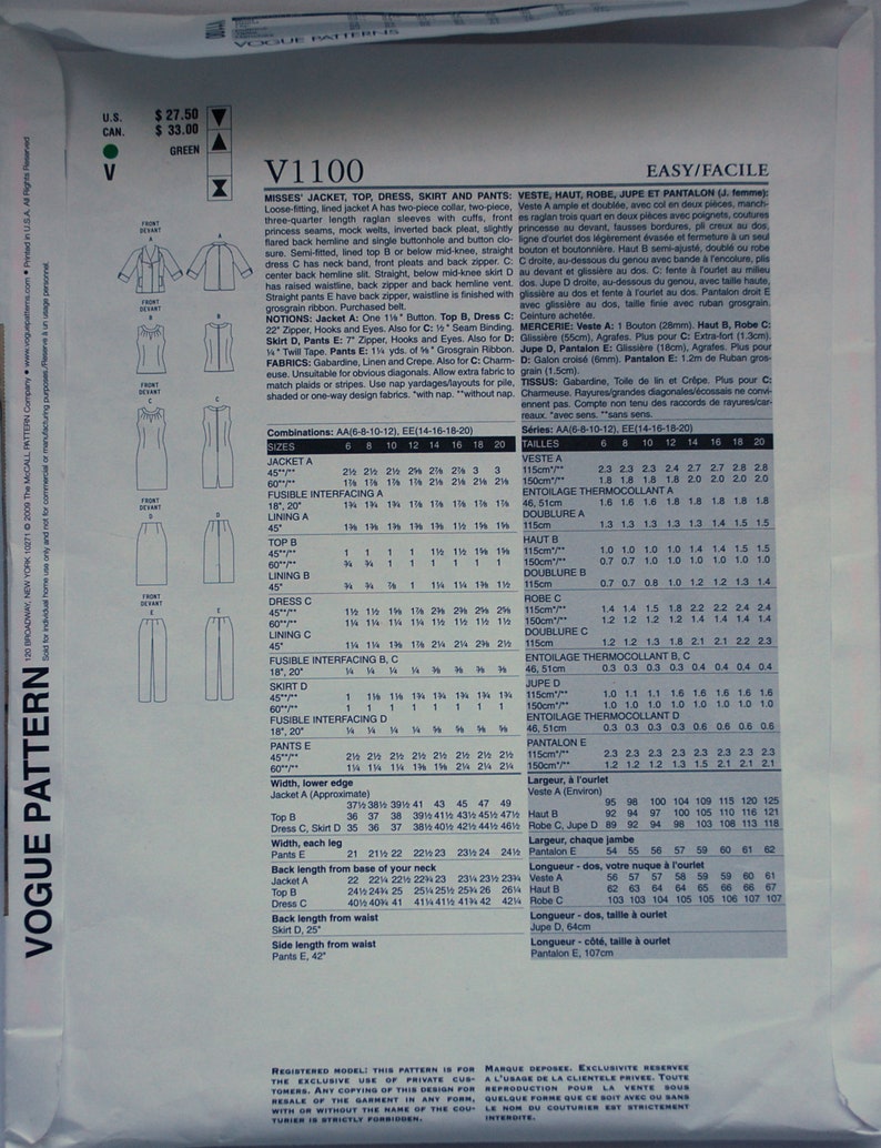 V1100 Sewing Set Pattern 80s Sewing Pattern Vogue Uncut Sewing Pattern Vintage Sewing Patterns Vogue Wardrobe Vintage Sewing Pattern Kits How To Craft Supplies Tools