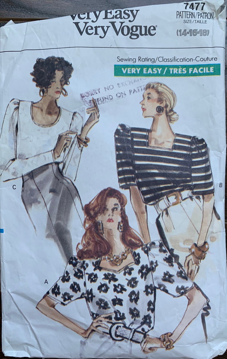 Vogue UNCUT Sewing Pattern Vintage Sewing Pattern 7477 Sewing Blouse Pattern Vintage Sewing Patterns 80s Sewing Pattern