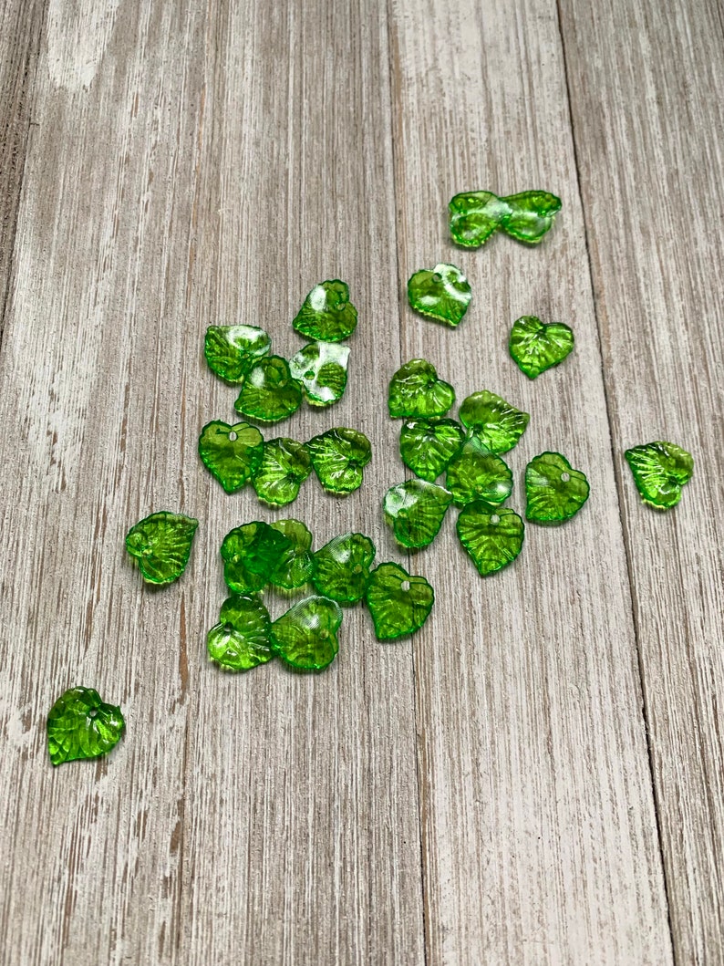 10 Green Plastic Leaves, Czech Plastic Leaves Beads, 15x16 mm Plastic Leaf Beads, Frosted Acrylic Transparent Green Beads, Leaf Charm Supply image 5