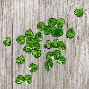 10 Green Plastic Leaves, Czech Plastic Leaves Beads, 15x16 mm Plastic Leaf Beads, Frosted Acrylic Transparent Green Beads, Leaf Charm Supply image 1