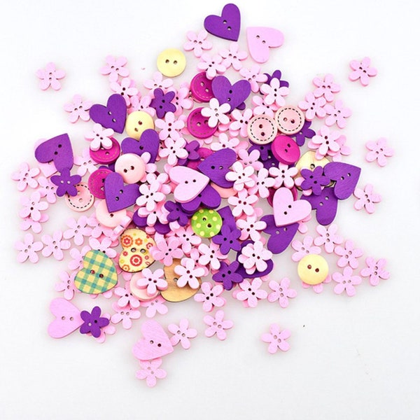 Mix 2-Hole Wooden Buttons, 10 pcs Wooden Buttons, 2 Holes Sewing Pink Heart Flower Shapes Button, Craft Decoration Material