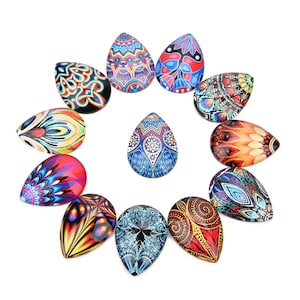 Cabochons en forme de dôme en verre, 18 x 25 mm, cabochons pendants, cabochons avec motifs, cabochons larme, cabochons loupe, cabochons en verre épais