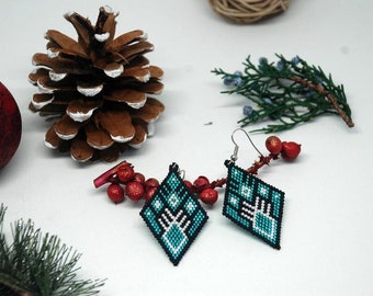 Statement Geometric Earrings, Native Style Beadwork Earrings, Long Beaded Earrings, Black & Emerald Green, Gift-for-Her