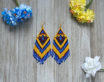 Beaded Blue & Yellow Earrings, Seed Bead Fringe Earrings, Boho Bohemian Earrings, Gift-for-Her, Statement Earrings, Dangle Drop Jewelry
