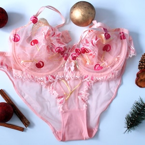 Lace Lingerie Set, Cherry Lingerie, Pink Lingerie, Gift for Her, Sexy Lingerie, Sexy Underwear, Lace Bra & Panties, Lingerie Gift