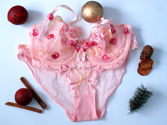 Lace Lingerie Set, Cherry Lingerie, Pink Lingerie, Gift for Her, Sexy  Lingerie, Sexy Underwear, Lace Bra & Panties, Lingerie Gift 