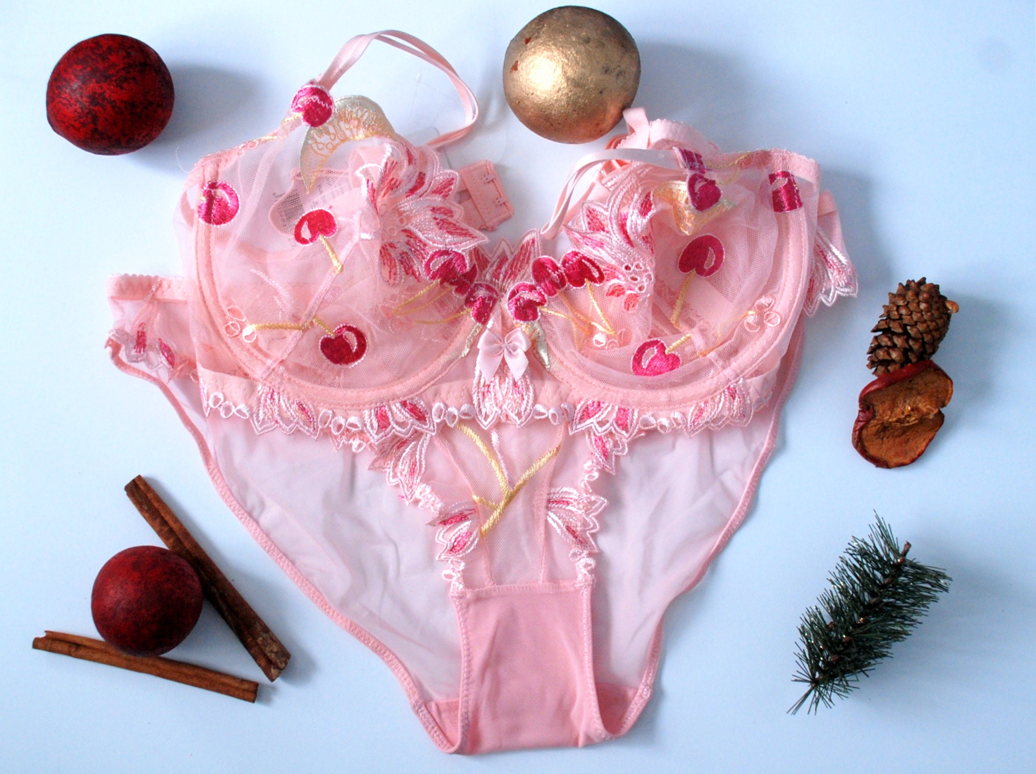 Lace Lingerie Set, Cherry Lingerie, Pink Lingerie, Gift for Her