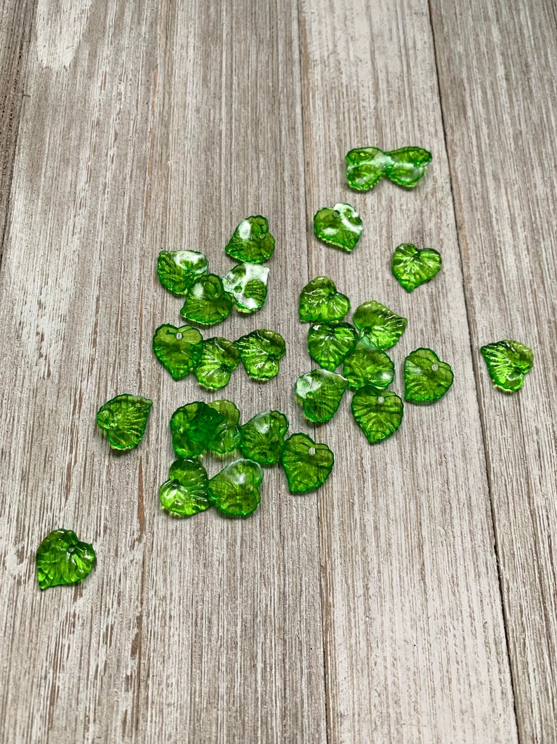 10 Green Plastic Leaves, Czech Plastic Leaves Beads, 15x16 mm Plastic Leaf Beads, Frosted Acrylic Transparent Green Beads, Leaf Charm Supply image 3