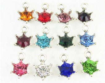 12 pcs Swarovski Star Birthstone Charm, Bracelet Star Bundle Charms, Silver Necklace Charm, Earring Charm, Charm Gift