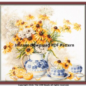 Tea & Flowers Cross Stitch Pattern, Digital Embroidery Pattern Download, PDF Cross Stitch Pattern, Spring Embroidery Patterns