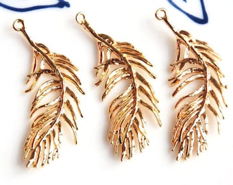 14k Gold Feather Charm, 14k Gold Plated Pendant, DIY Jewelry Making, Feather Shape Charm, Gold Feather,  Gift for Her