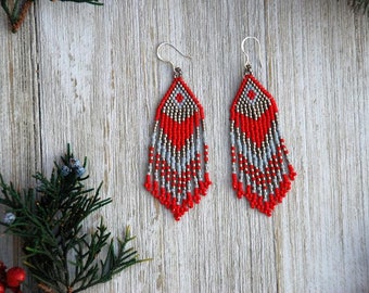 Red Fringe Earrings, Beaded Work, Long Geometric Earrings, Native Beaded Earrings, Seed Bead Earrings, Shoulder Dusters, Gift-for-Her