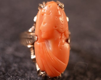 Antique Victorian 10K Gold Coral Cameo Ring - Floral Portrait, Size 5.5