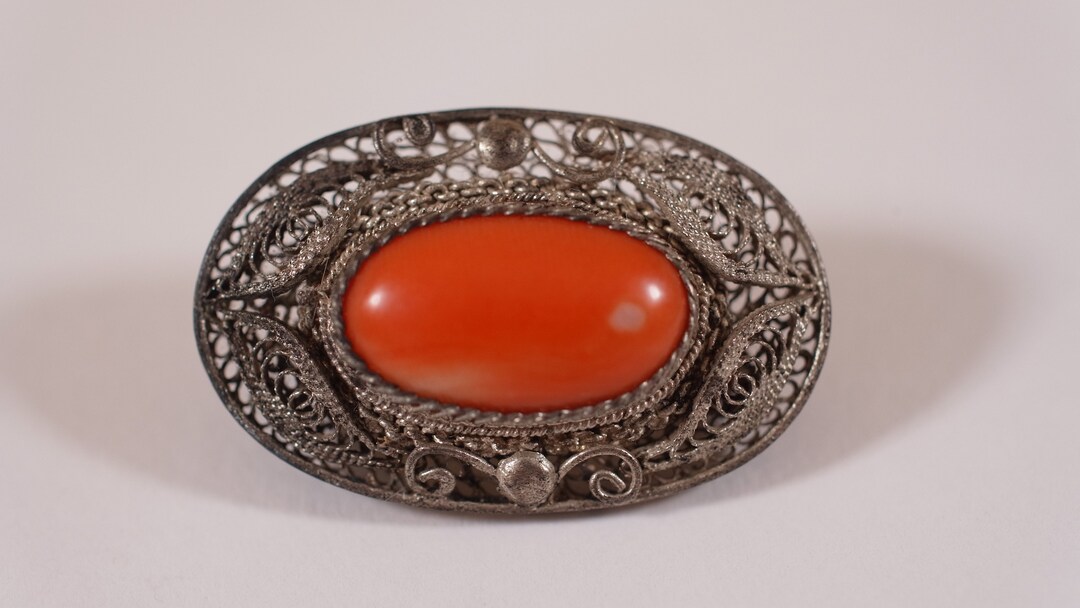 Collier Vintage - Or Décoratif, Filigrane Et Cabochon Orange - Modèle 336 - Sans Marque