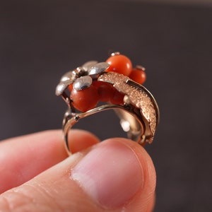 Antique Victorian 14K 585 Yellow Gold Salmon Red Coral Ring Flower size 3.5 image 5