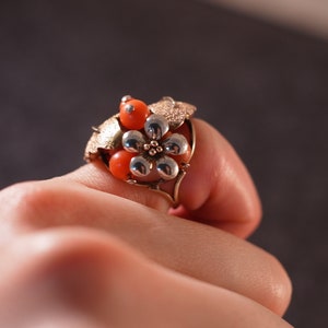 Antique Victorian 14K 585 Yellow Gold Salmon Red Coral Ring Flower size 3.5 image 8