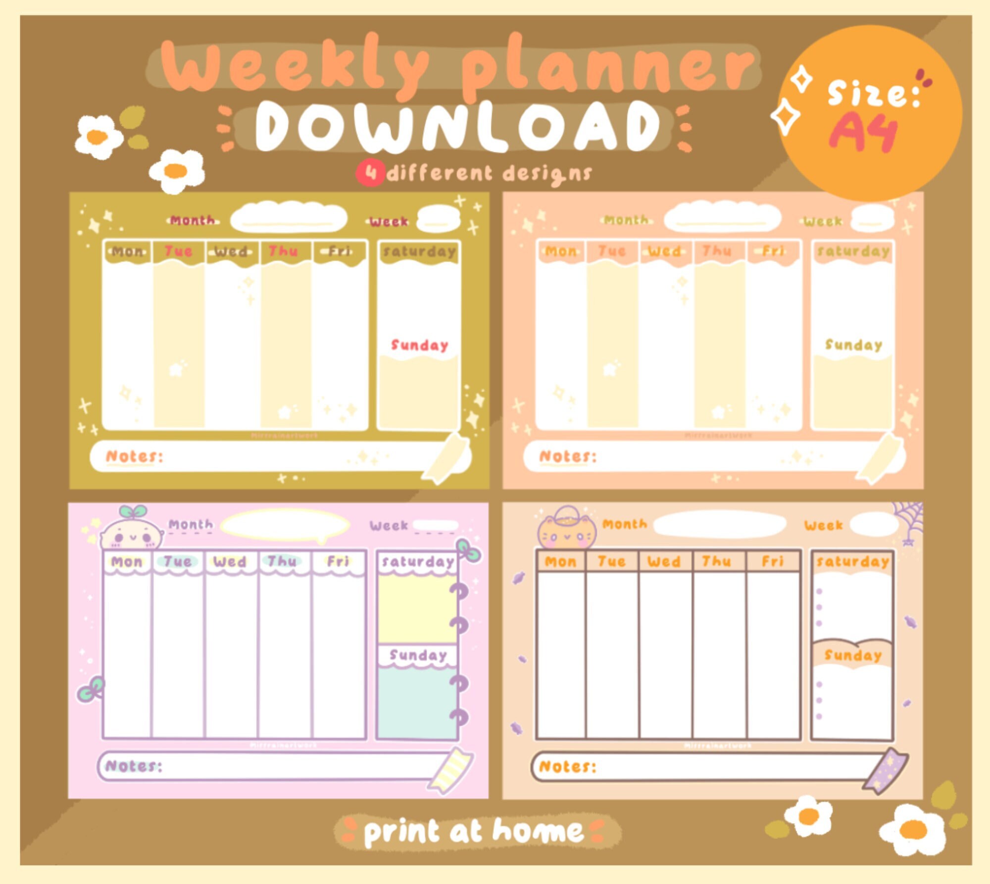 4 X A4 Digital Kawaii Weekly Printable Wall Calendar and Planner Pdf ...
