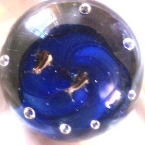 BLUE GLASS PAPERWEIGHT,Blue Swirled Paperweight,Paperweight With Two Tiny Bugs and Blue Swirls