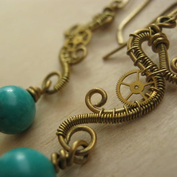 steampunk wire wrapped dangle earring with turquoise beads - URANUS PRINCESS