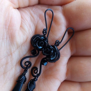 Black rose long gothic earrings - BLACK ROSE