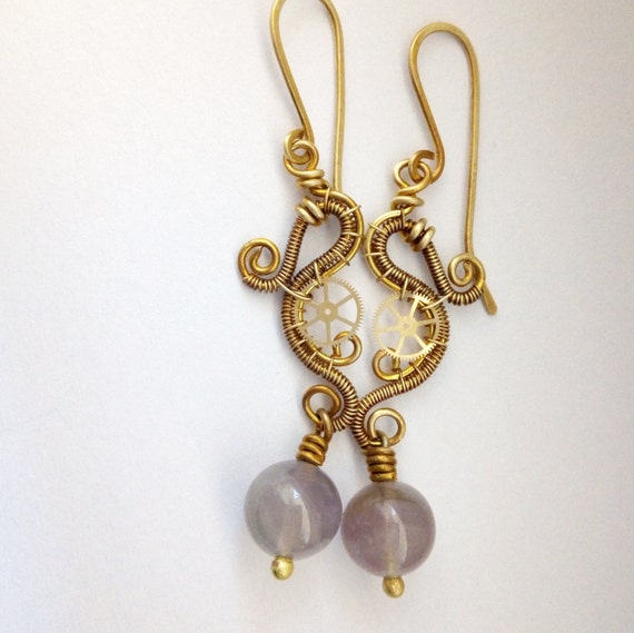 Steampunk Wire Wrapped Brass Earrinhs With Amethyst PRINCESS JUNO -   Canada
