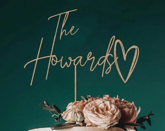 Rustic Heart Personalized Wedding Cake Topper, Custom Last Name Script Cake Topper for Wedding, Mr and Mrs Cake Toppers