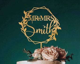 Floral Wedding Cake Topper With Rustic Octagon Wreath, Mr and Mrs Cake Topper, Monogram Toppers, Personalized Wedding Cake Topper