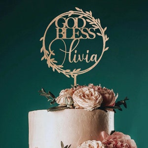 God Bless Cake Topper Favors boy or girl , Baptism Personalized Cake Topper in Floral,  Rustic Baptism Wood Cake Topper by In Awe Creations