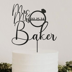 Meneer en mevrouw Script gepersonaliseerde bruidstaarttopper, aangepaste bruidstaarttopper met datum, bruid en bruidegom caketopper rustiek