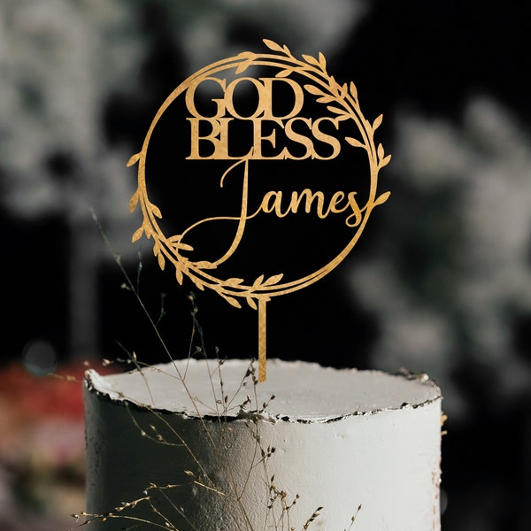 Taufe Personalisierte Cake Topper in Floral, God Bless Cake Topper Favors Junge oder Mädchen, Rustikale Taufe Holz Cake Topper von In Awe Creations