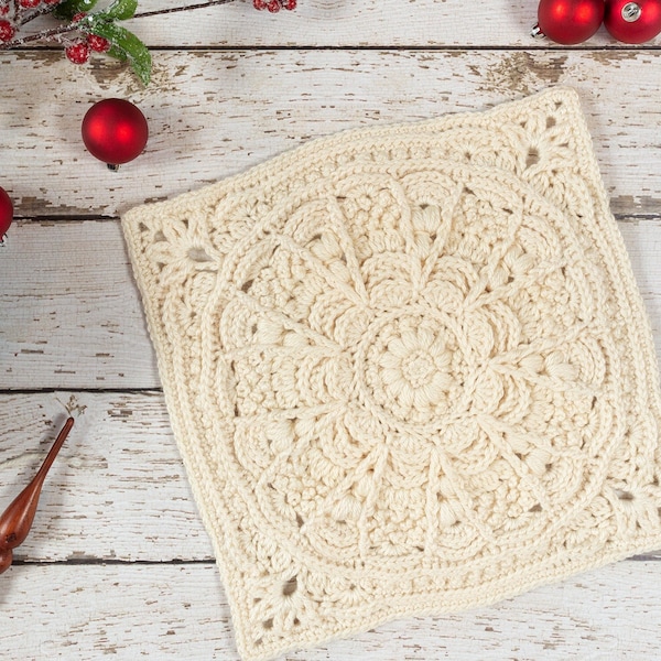 Winter Opulence 12-inch Square Crochet Pattern | DIGITAL PDF DOWNLOAD with Chart | Textured Afghan Block Pattern, Snowflake Motif Blanket