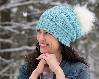 Crochet Hat Pattern for Women | DIGITAL PDF DOWNLOAD |  Slouchy Beanie Crochet Pattern for Adults, Slouch Hat with Pom-pom