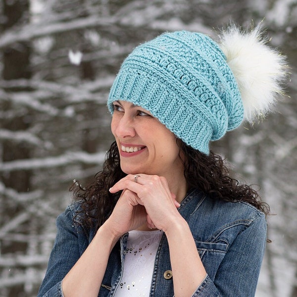 Crochet Hat Pattern for Women | DIGITAL PDF DOWNLOAD |  Slouchy Beanie Crochet Pattern for Adults, Slouch Hat with Pom-pom