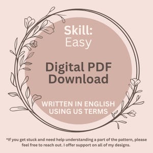 K&ouml;nnte beinhalten: Grafik f&uuml;r digitalen PDF-Download mit hellrosa Hintergrund. Der Text lautet &bdquo;Skill: Easy&ldquo; und &bdquo;Digital PDF Download&ldquo;. Au&szlig;erdem steht dort &bdquo;WRITTEN IN ENGLISH USING US TERMS&ldquo;. Das Design wird von einem floralen Rand umrahmt.