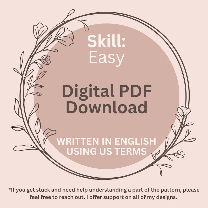 K&ouml;nnte beinhalten: Grafik f&uuml;r digitalen PDF-Download mit hellrosa Hintergrund. Der Text lautet &bdquo;Skill: Easy&ldquo; und &bdquo;Digital PDF Download&ldquo;. Au&szlig;erdem steht dort &bdquo;WRITTEN IN ENGLISH USING US TERMS&ldquo;. Das Design wird von einem floralen Rand umrahmt.