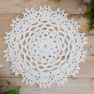 May include: White crochet doily with a delicate floral pattern. The doily is circular and has a diameter of approximately 12 inches.