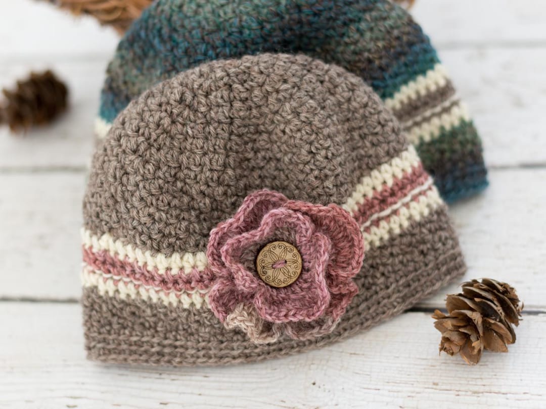 Crochet Flower Beanie Pattern: Unisex Hat With Button Flower (digital ...