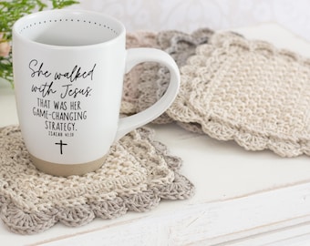 Farmhouse Mug Rug Crochet Pattern: Scalloped Edge Coasters (PDF Download)